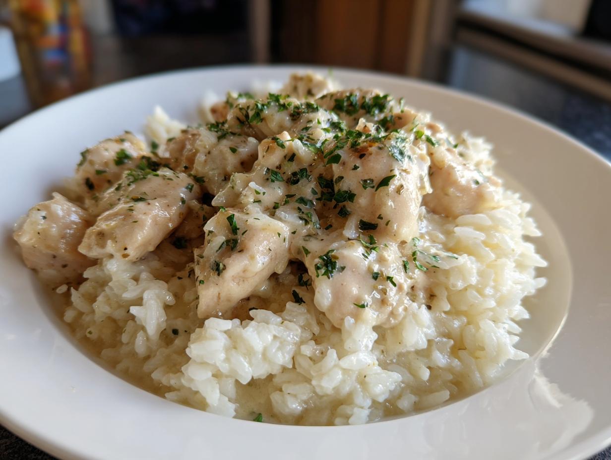 Close-up of tender chicken scampi pieces served over creamy garlic parmesan rice and topped with fresh parsley.