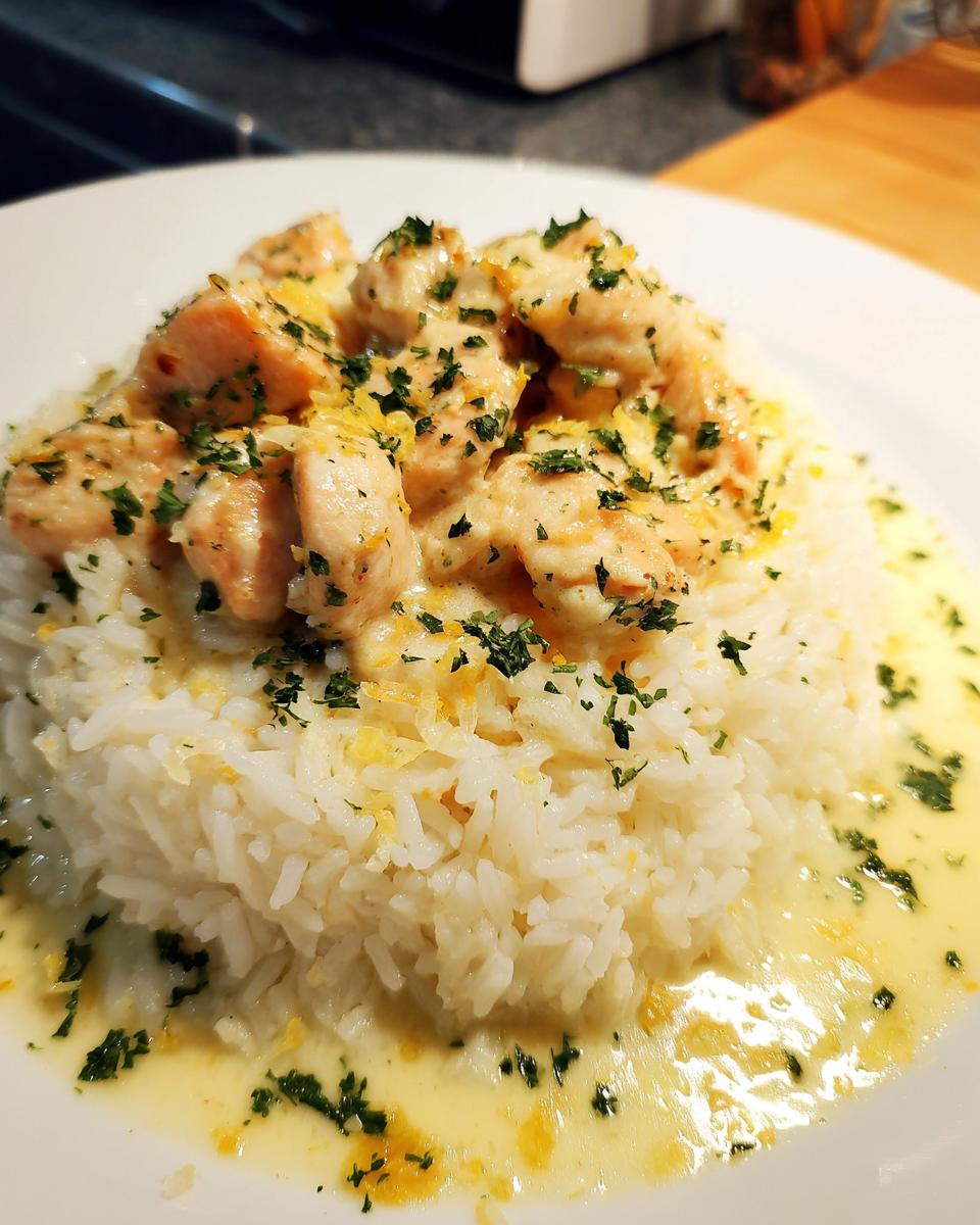 Close-up of chicken scampi pieces served over a mound of white rice, drizzled with creamy sauce and parsley.