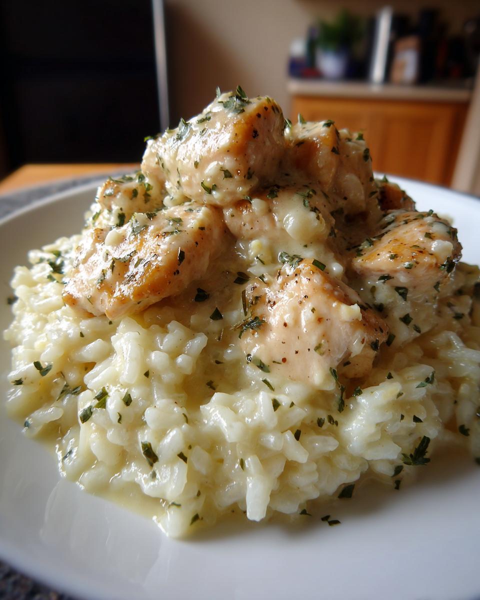 Close-up of juicy chicken scampi pieces served over creamy garlic parmesan rice, garnished with parsley.
