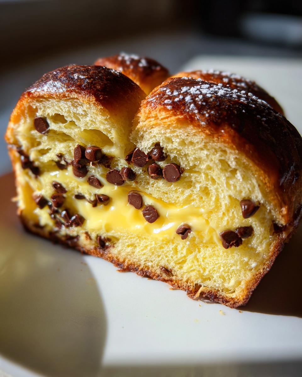 Close-up of a cross-section of chocolate chip vanilla custard brioches showing rich yellow custard and chocolate chips.