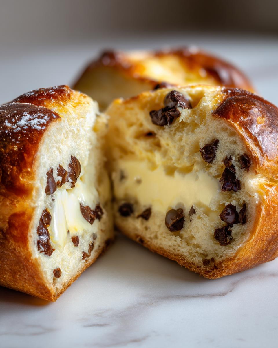 Close-up of a chocolate chip vanilla custard brioche cut in half, showing creamy filling and chocolate chips.