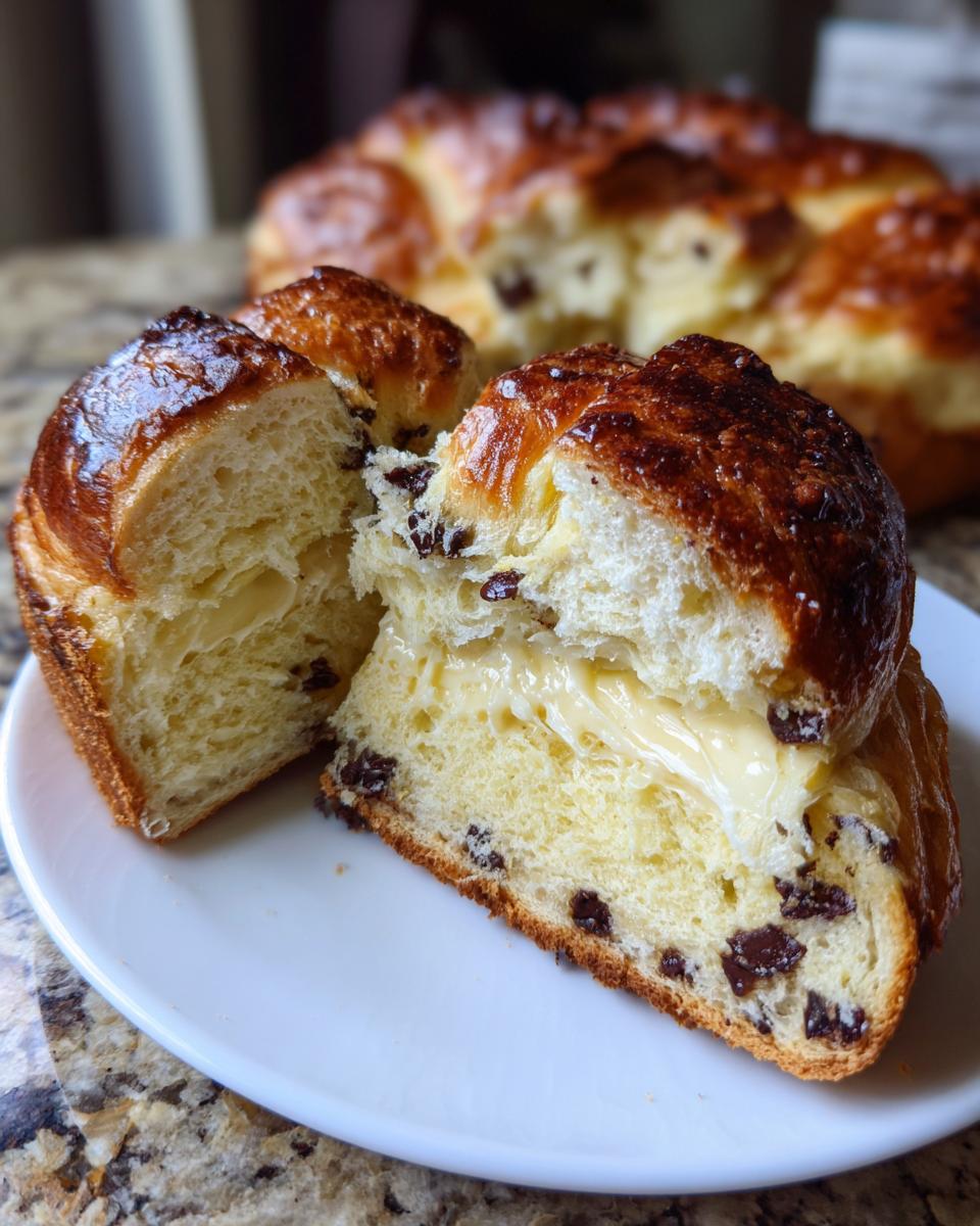 A chocolate chip vanilla custard brioche cut in half, showing rich vanilla custard filling and chocolate chips inside the soft bread.