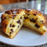 Close-up of chocolate chip vanilla custard brioches cut in half showing creamy filling.