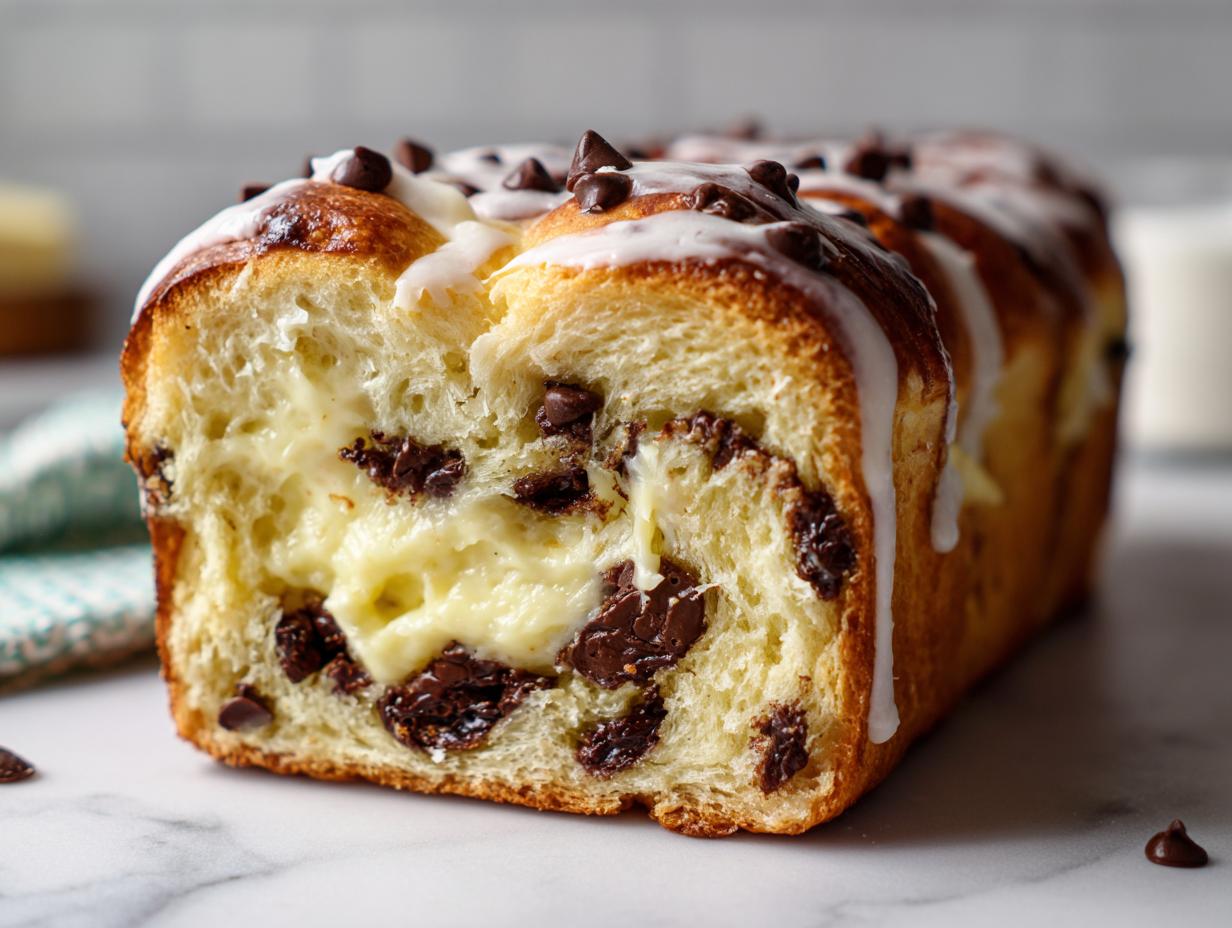 Close-up of a chocolate chip vanilla custard brioches loaf sliced open, showing rich vanilla filling and chocolate chips.