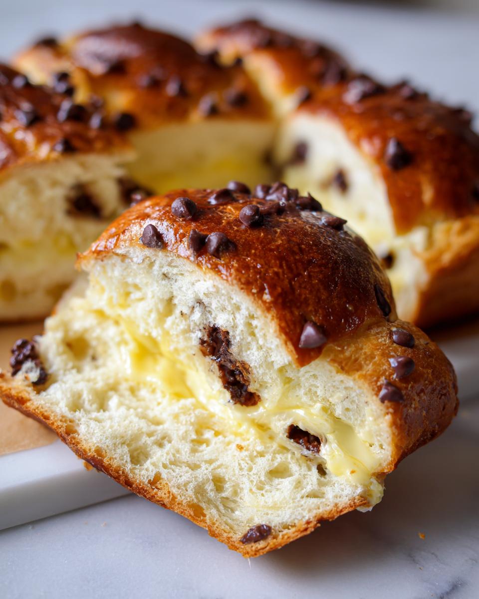 Close-up of a slice of chocolate chip vanilla custard brioches showing soft dough and creamy filling.