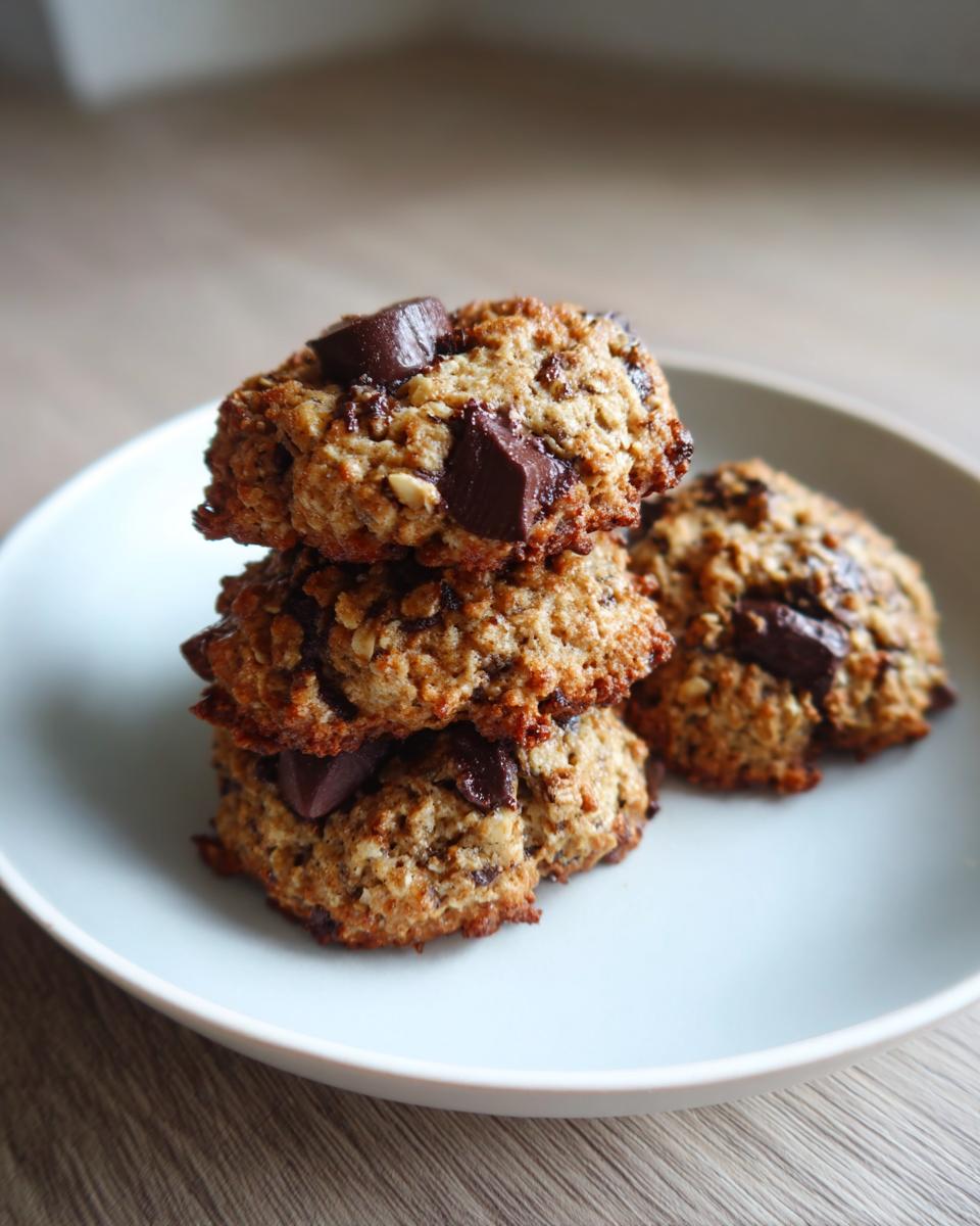 A stack of three homemade zucchini cookies loaded with large chocolate chunks on a light blue plate.