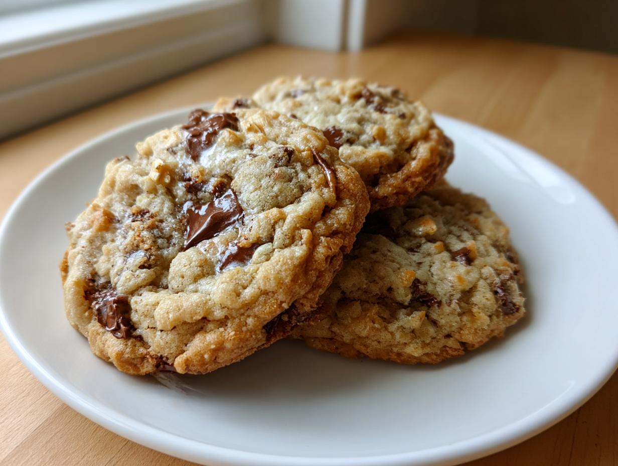 A stack of three freshly baked, chewy chocolate chip zucchini cookies resting on a white plate near a window.