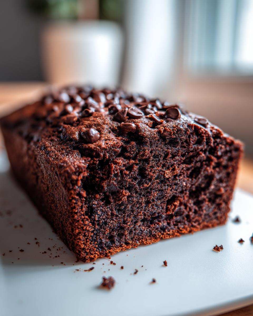 Close-up of a rich, dark chocolate zucchini bread loaf topped with melted chocolate chips.