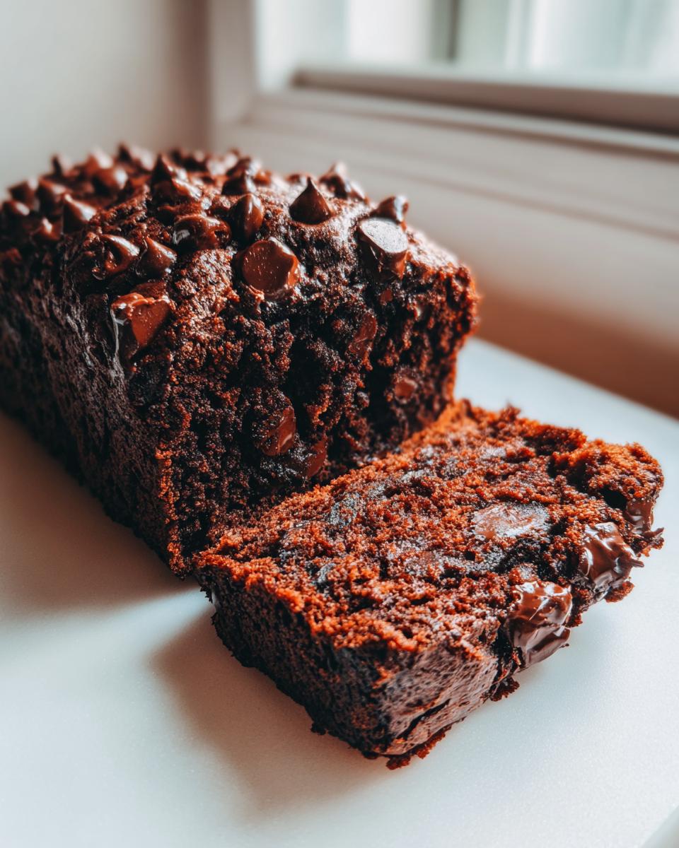 A rich, dark chocolate zucchini bread loaf with a slice cut, topped generously with chocolate chips.