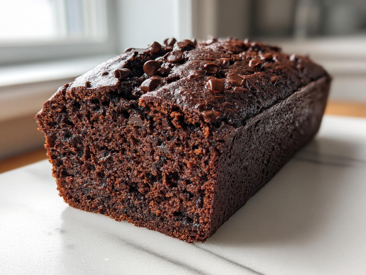 A close-up of a freshly baked, dark chocolate zucchini bread loaf topped with chocolate chips.
