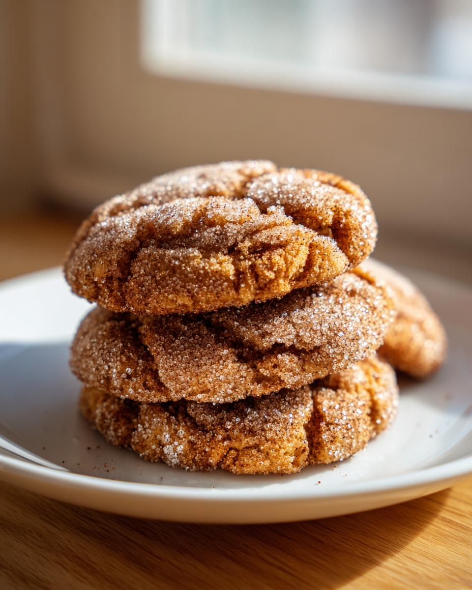 A stack of three soft, crinkled churro cookies generously coated in cinnamon sugar.