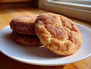 Three freshly baked churro cookies coated in cinnamon sugar stacked on a white plate.