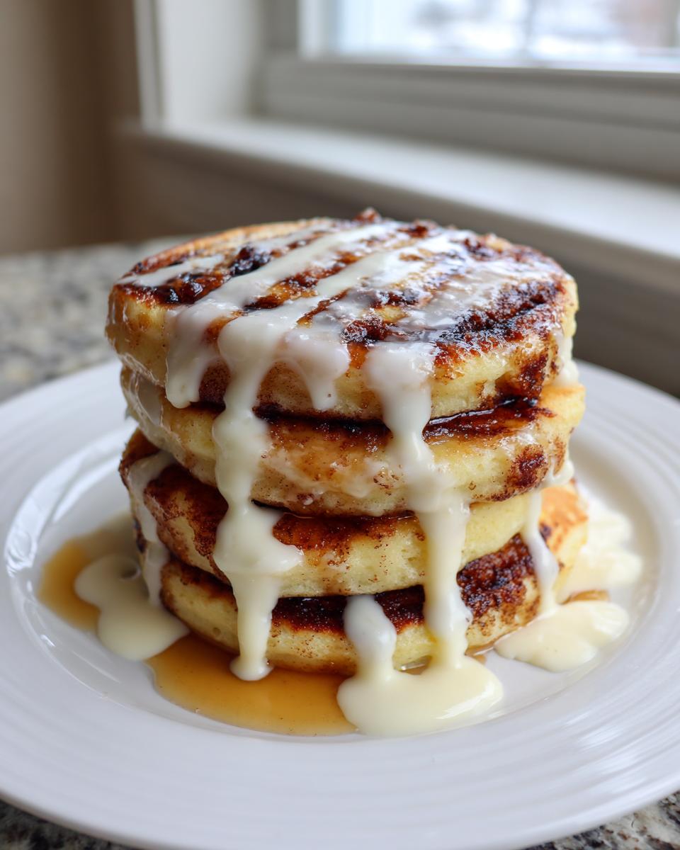 A tall stack of three cinnamon roll pancakes drizzled heavily with white cream cheese icing.