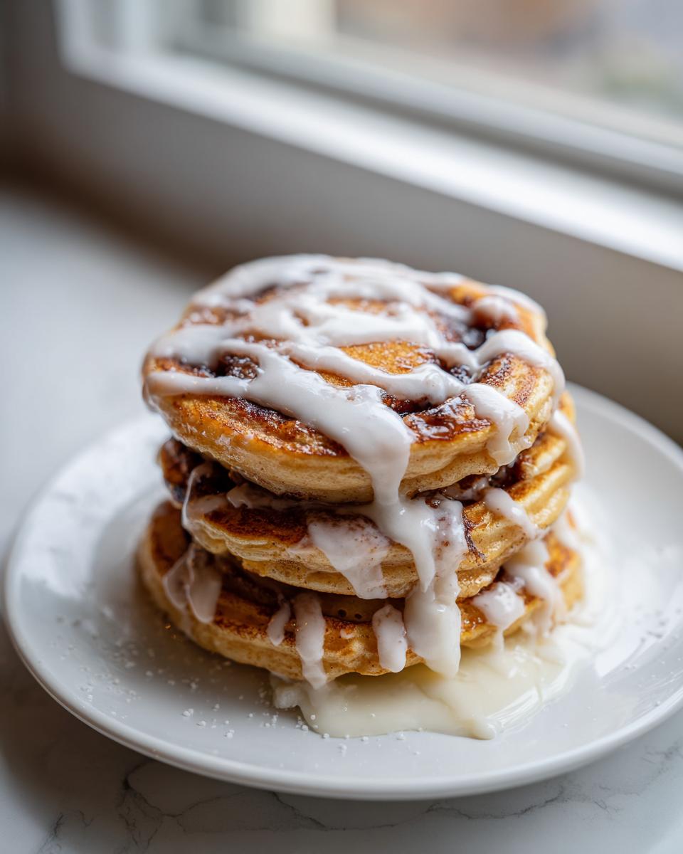 A tall stack of three fluffy cinnamon roll pancakes generously drizzled with white icing.