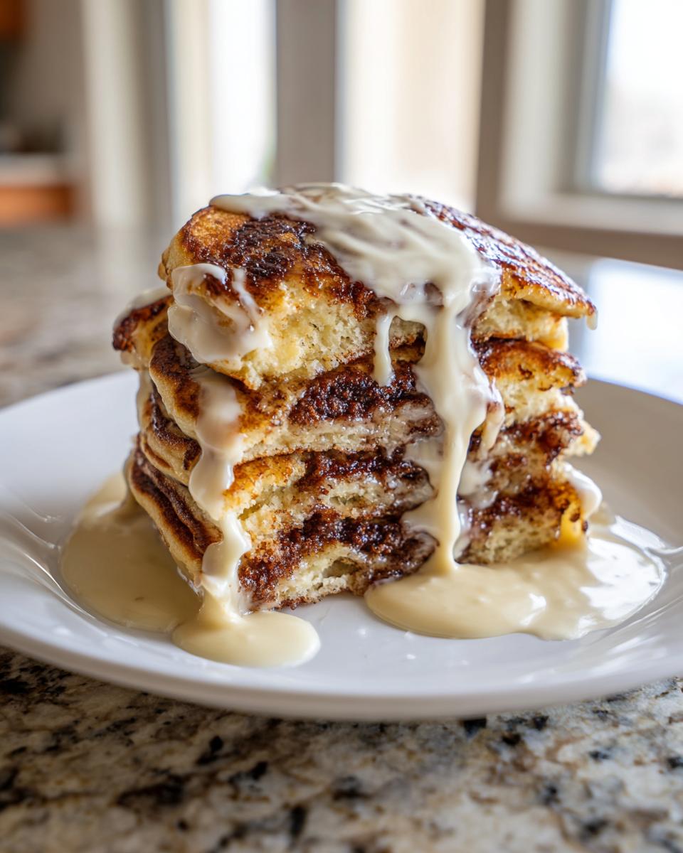 A tall stack of fluffy cinnamon roll pancakes generously drizzled with thick, white cream cheese icing.