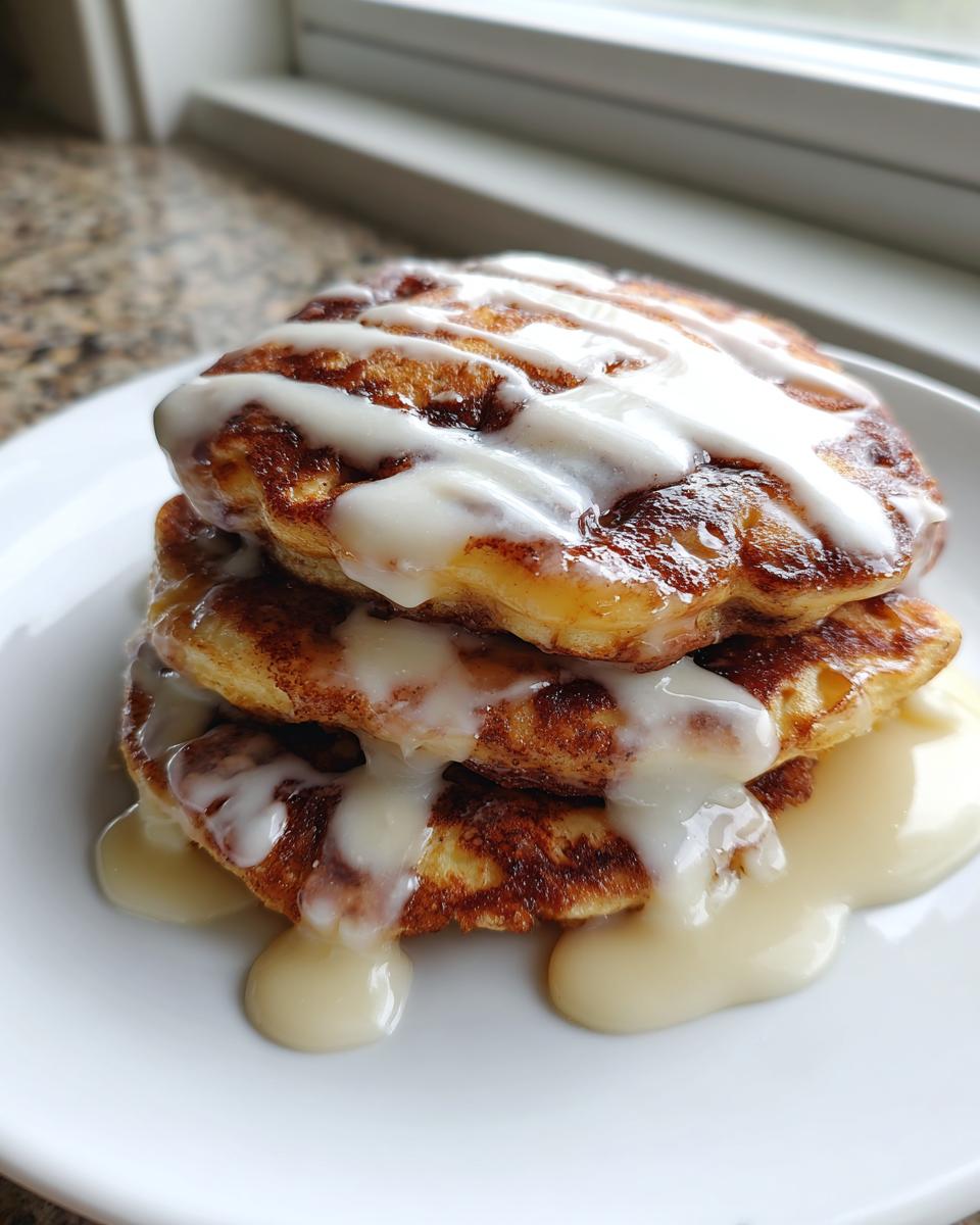 A tall stack of three golden brown cinnamon roll pancakes drizzled generously with white cream cheese icing.