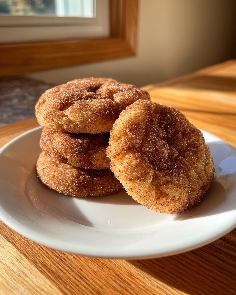 A stack of four delicious churro cookies heavily coated in cinnamon sugar, resting on a white plate.