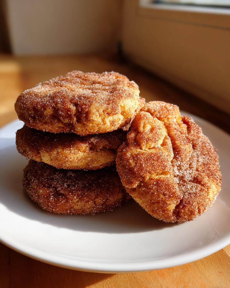 A stack of four golden brown churro cookies generously coated in cinnamon sugar, resting on a white plate.
