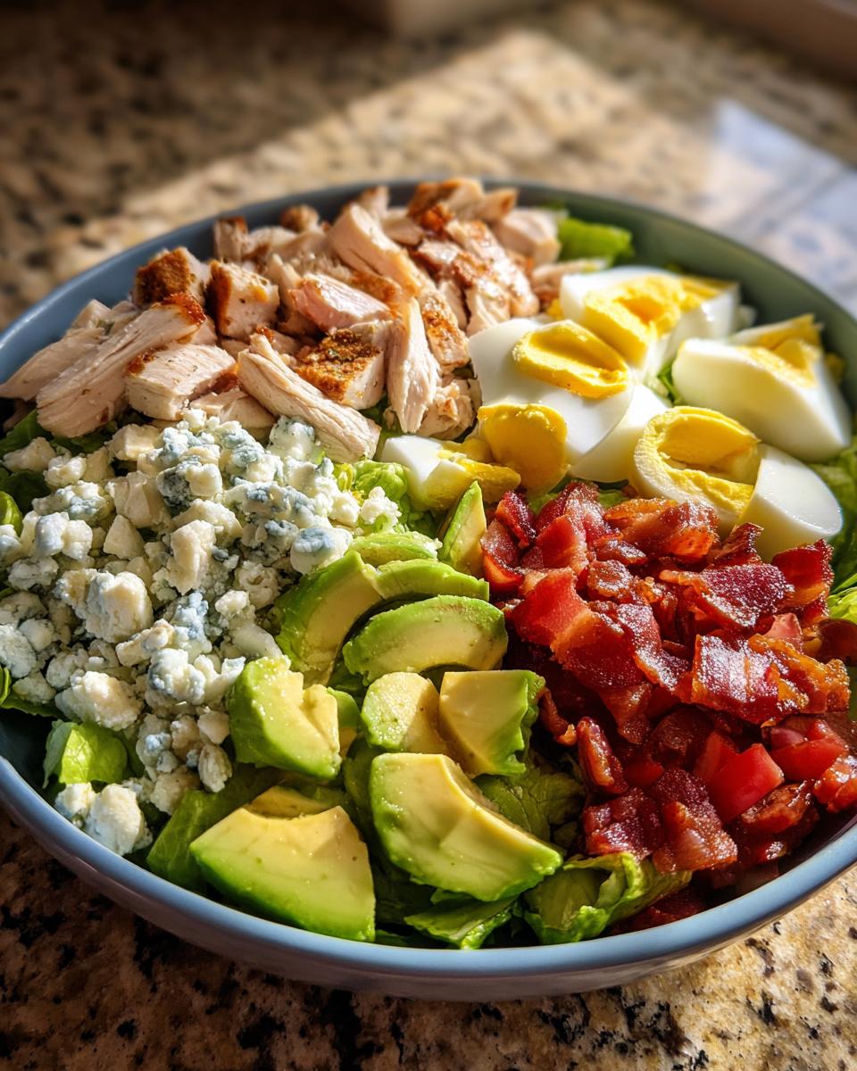 A vibrant, deconstructed cobb salad featuring rows of grilled chicken, blue cheese, avocado, bacon, and hard-boiled eggs over lettuce.