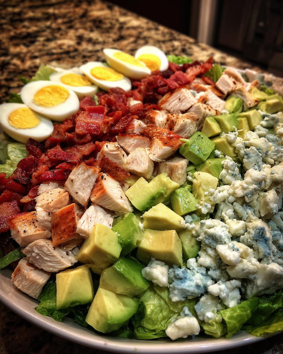 A beautifully arranged cobb salad featuring rows of hard-boiled eggs, bacon, chicken, avocado, and blue cheese on lettuce.