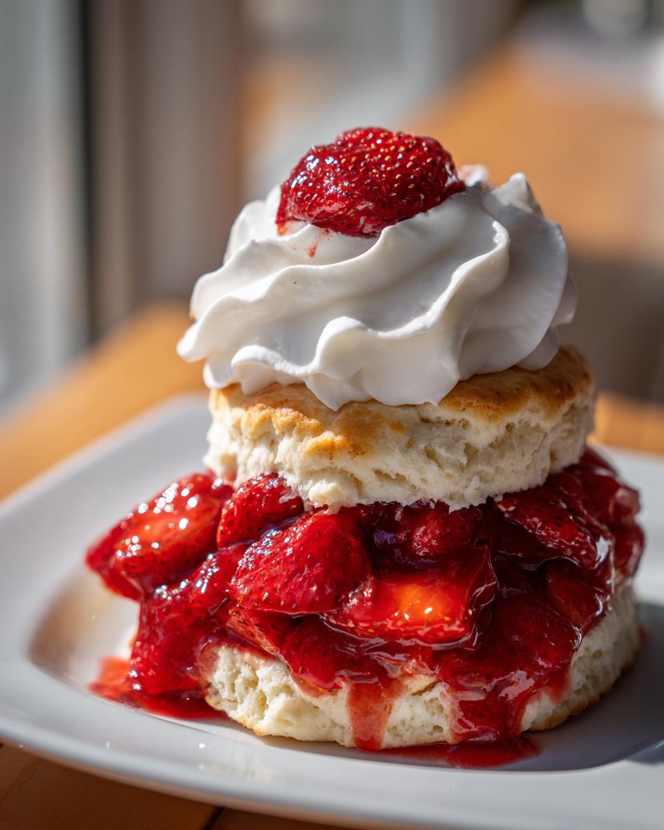 A delicious, layered strawberry shortcake featuring biscuits, macerated strawberries, and a dollop of whipped cream.