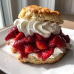 A close-up of a delicious strawberry shortcake featuring a biscuit, macerated strawberries, and whipped cream.