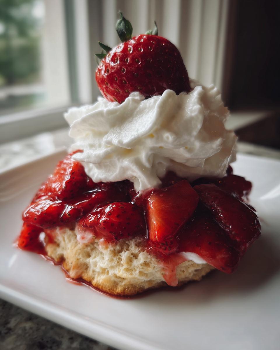 A single serving of strawberry shortcake featuring a biscuit base, macerated strawberries, and topped with whipped cream and a whole strawberry.