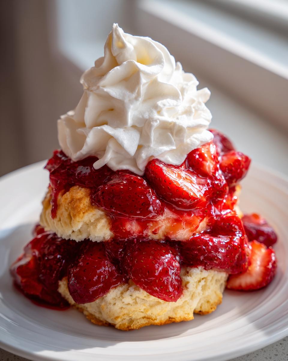 A tall stack of classic strawberry shortcake featuring biscuits, macerated strawberries, and a large dollop of whipped cream.