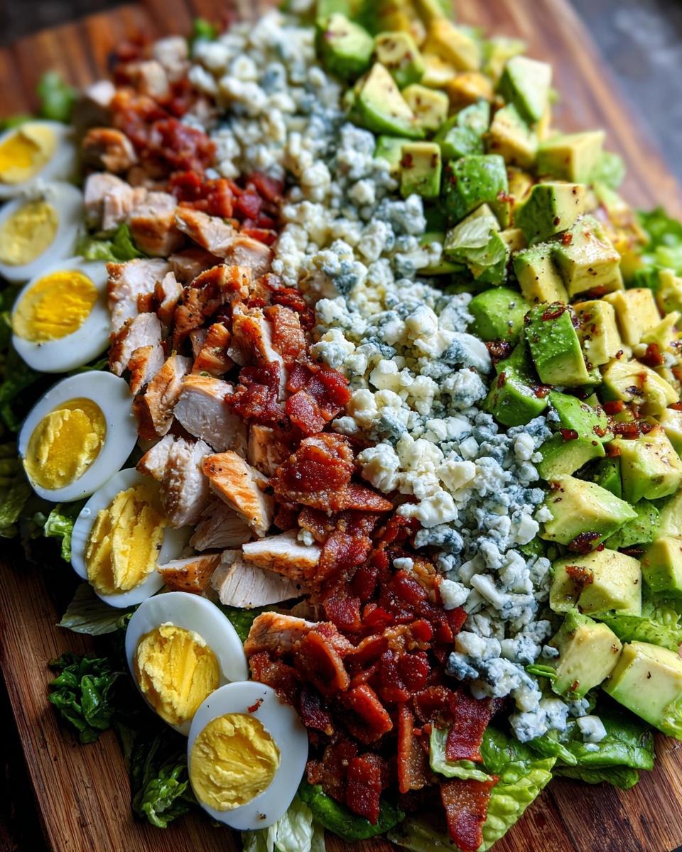 Overhead view of a vibrant cobb salad arranged in neat rows of hard-boiled eggs, chicken, bacon, blue cheese, and avocado.