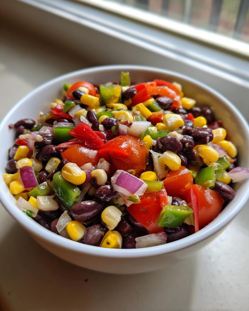 Close-up of vibrant Cowboy Caviar dip featuring black beans, corn, tomatoes, and peppers in a white bowl.