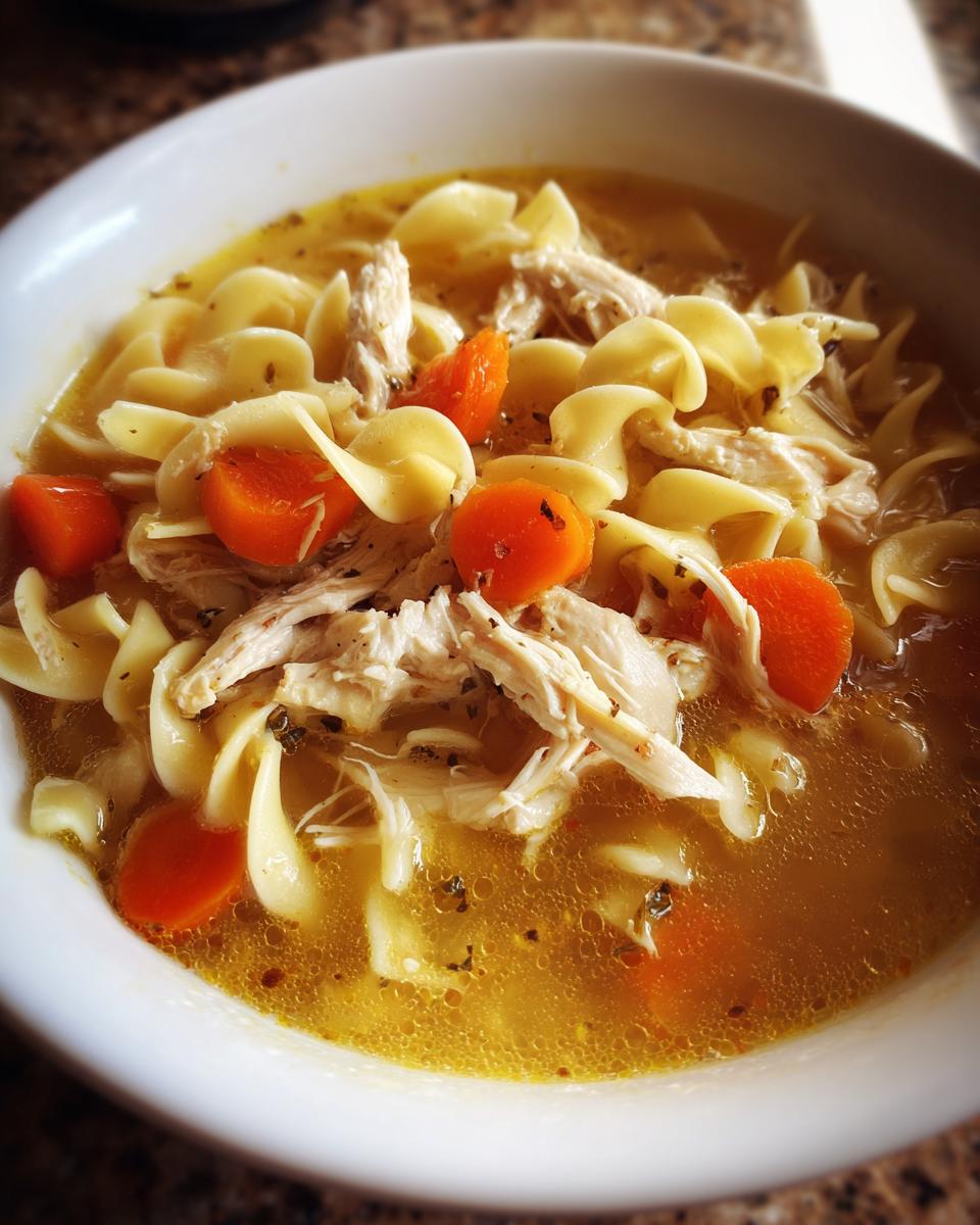 A close-up bowl of homemade chicken soup featuring shredded chicken, egg noodles, and bright orange carrots in a rich broth.