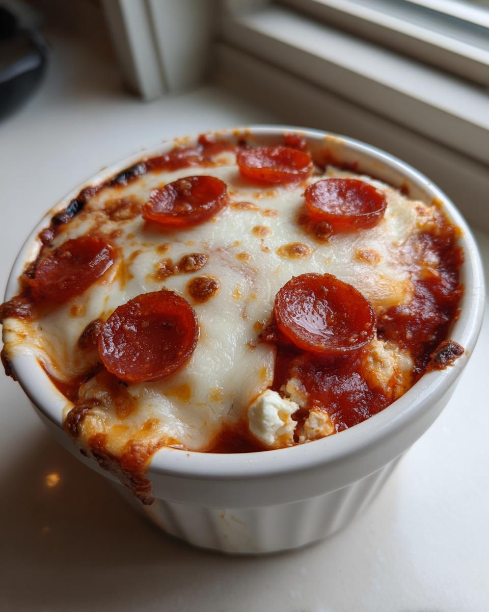 Close-up of a baked cottage cheese pizza bowl topped with melted mozzarella and pepperoni slices.