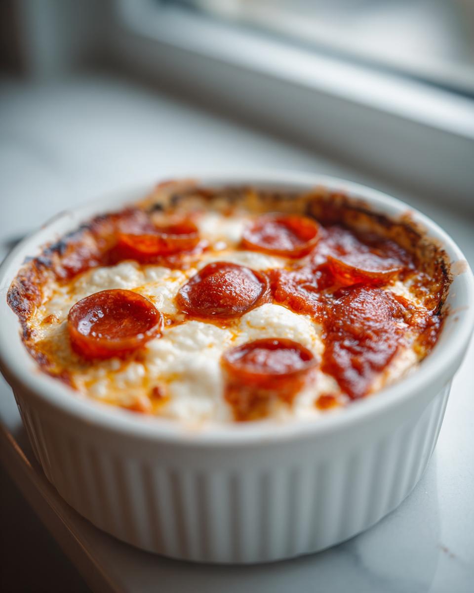 Close-up of a baked cottage cheese pizza bowl topped with melted cheese and pepperoni slices.