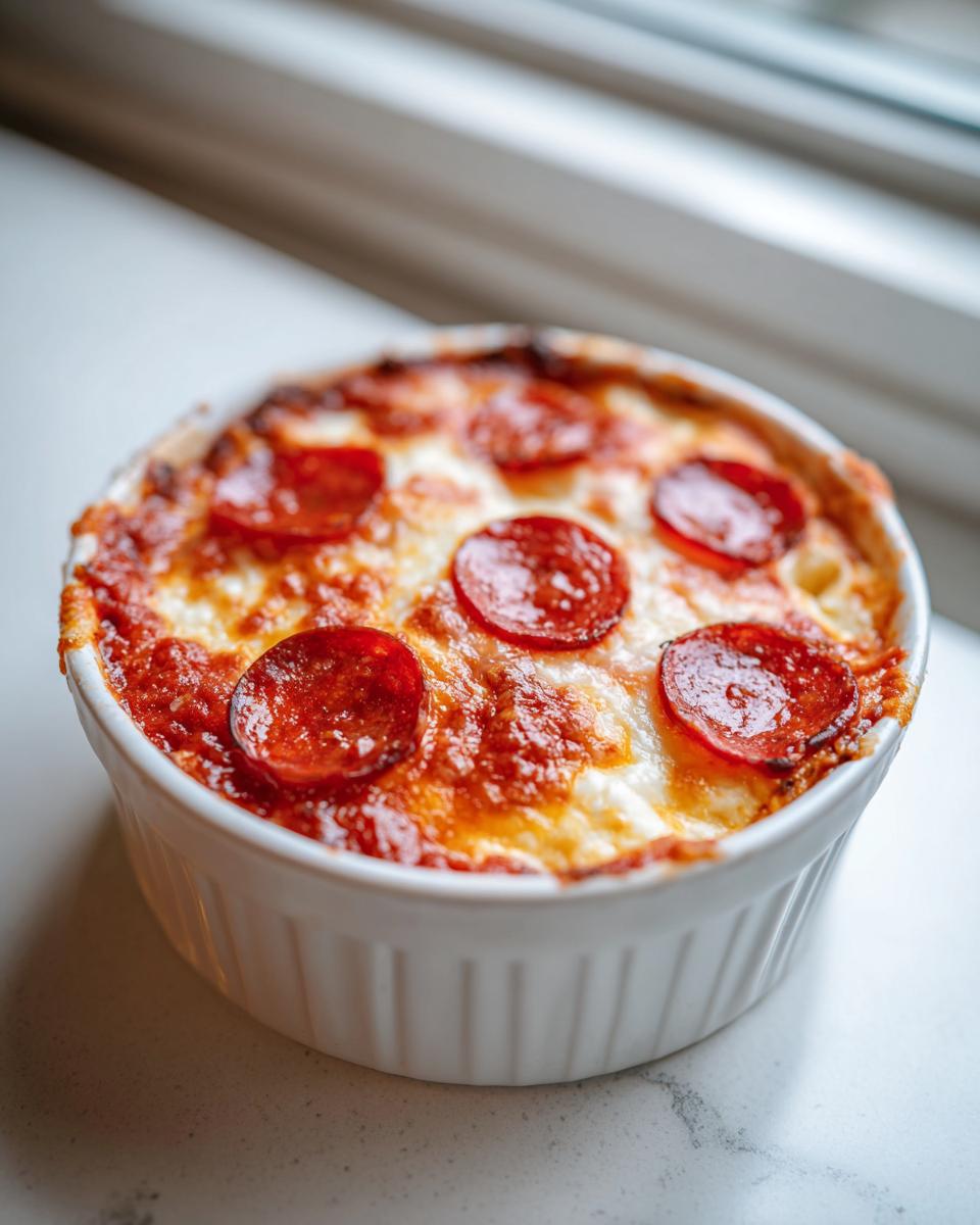 A freshly baked cottage cheese pizza bowl topped with melted cheese and pepperoni slices.