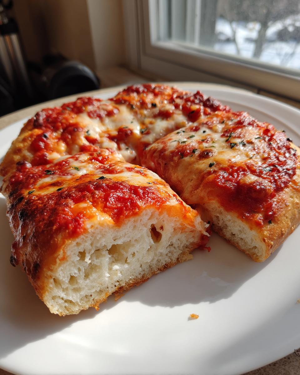 Close-up of a thick, airy slice showing the interior of the cottage cheese pizza crust topped with sauce and melted cheese.