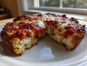 A thick, round cottage cheese pizza crust topped with melted mozzarella and bright red sauce, with a slice removed.
