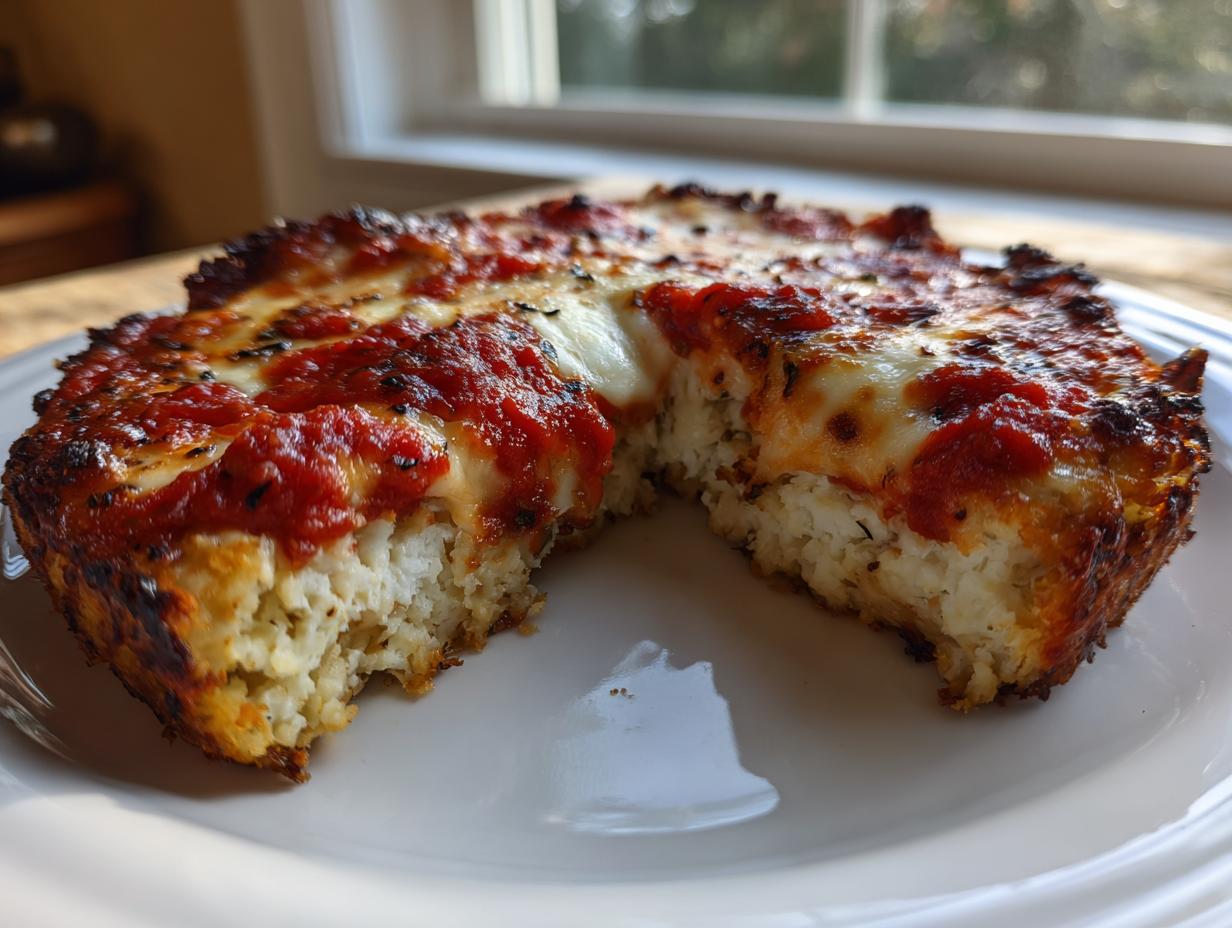 A thick, round cottage cheese pizza crust topped with melted mozzarella and bright red sauce, with a slice removed.