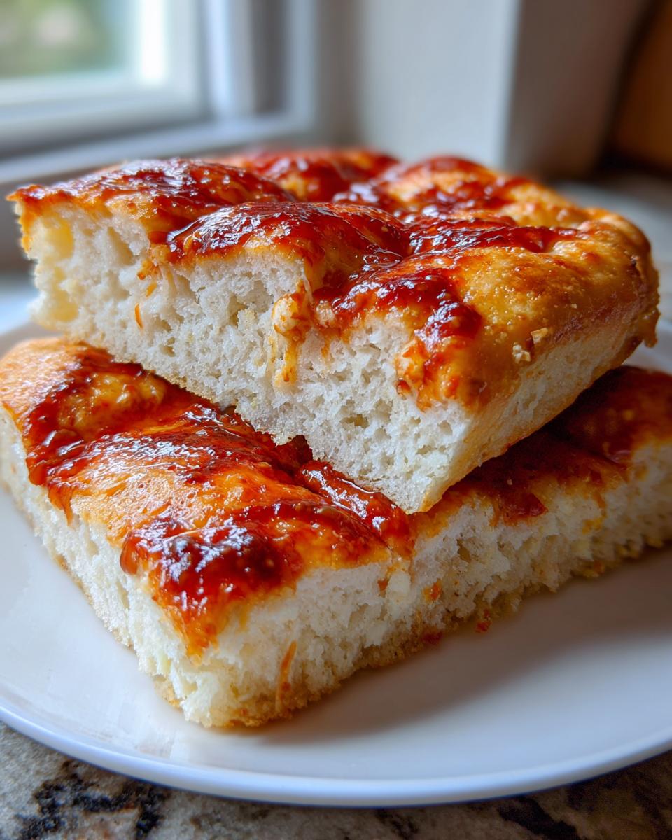 Two slices of thick, fluffy cottage cheese pizza crust topped with bright red sauce, stacked on a white plate.