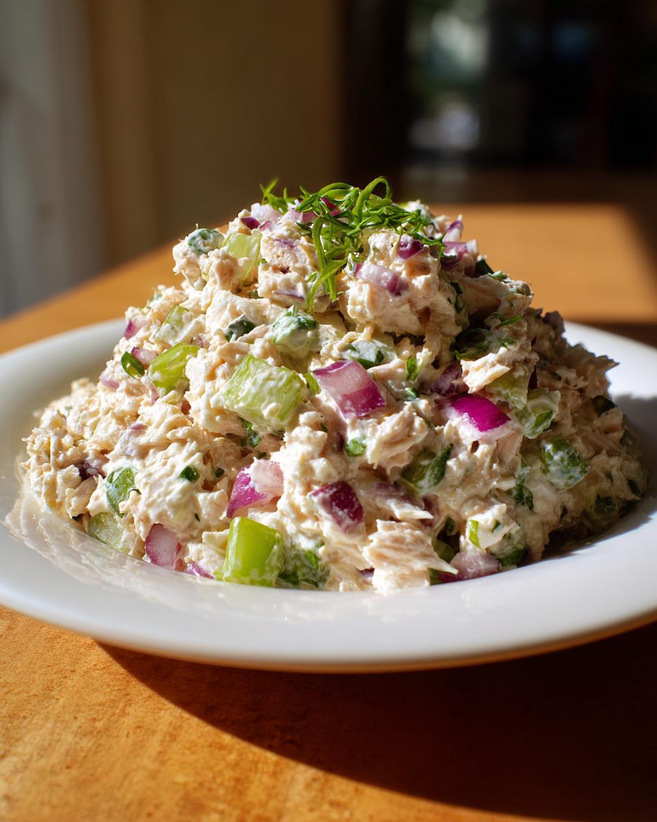 A generous mound of creamy cottage cheese tuna salad mixed with visible chunks of celery and red onion, garnished with herbs.