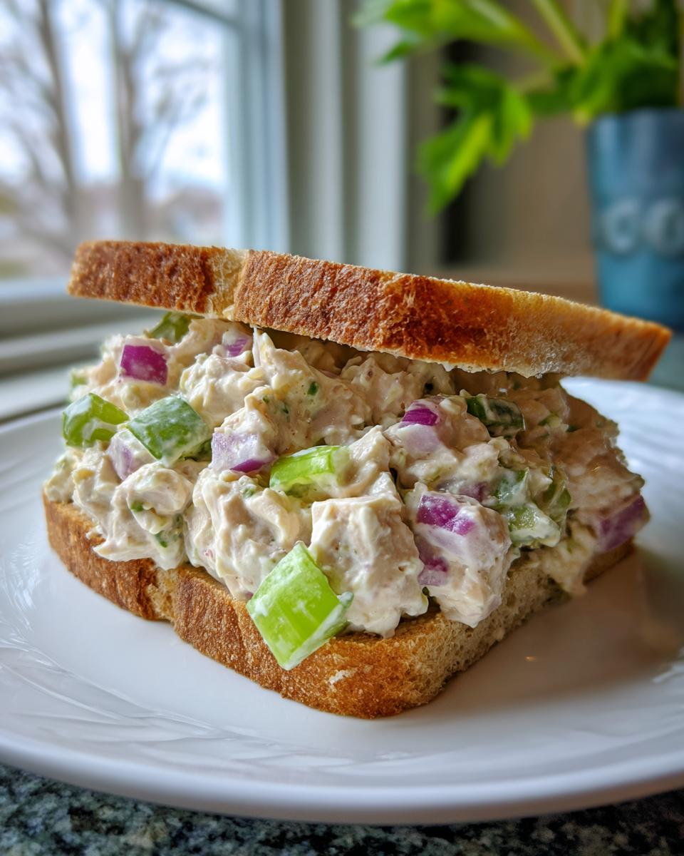 A thick layer of cottage cheese tuna salad with celery and red onion piled high on a slice of toasted whole wheat bread.