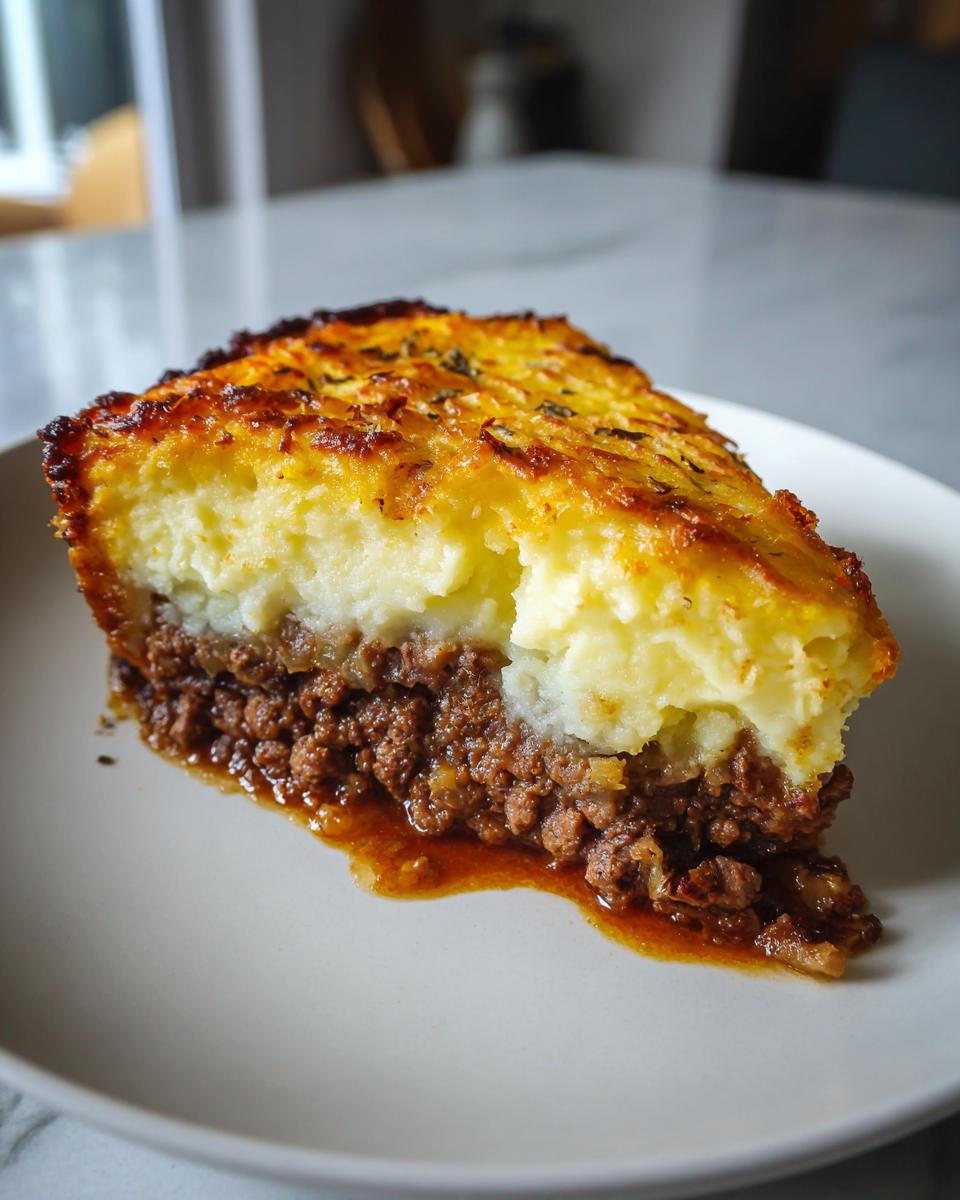 A close-up slice of cottage pie recipe showing rich meat filling and a golden, crispy mashed potato topping.