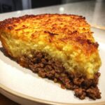 A generous slice of cottage pie recipe showing a thick layer of browned ground meat filling topped with golden, crispy mashed potatoes.