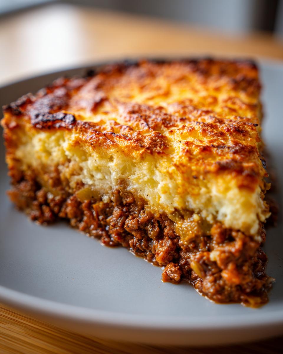 A close-up slice of rich cottage pie recipe showing a thick layer of savory meat filling topped with golden, browned mashed potatoes.