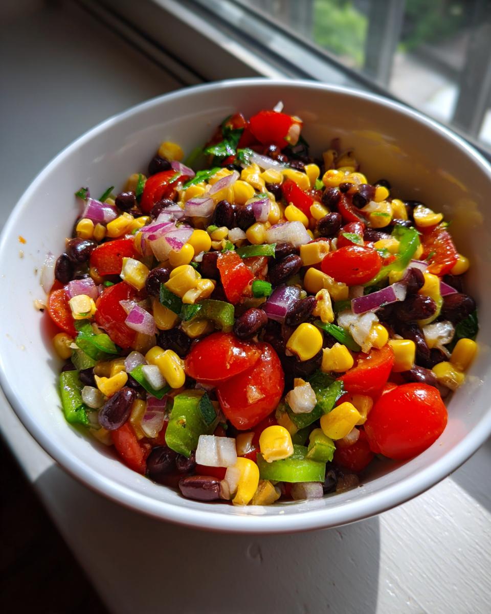 Close-up of a white bowl filled with colorful Cowboy Caviar dip featuring black beans, corn, tomatoes, and red onion.