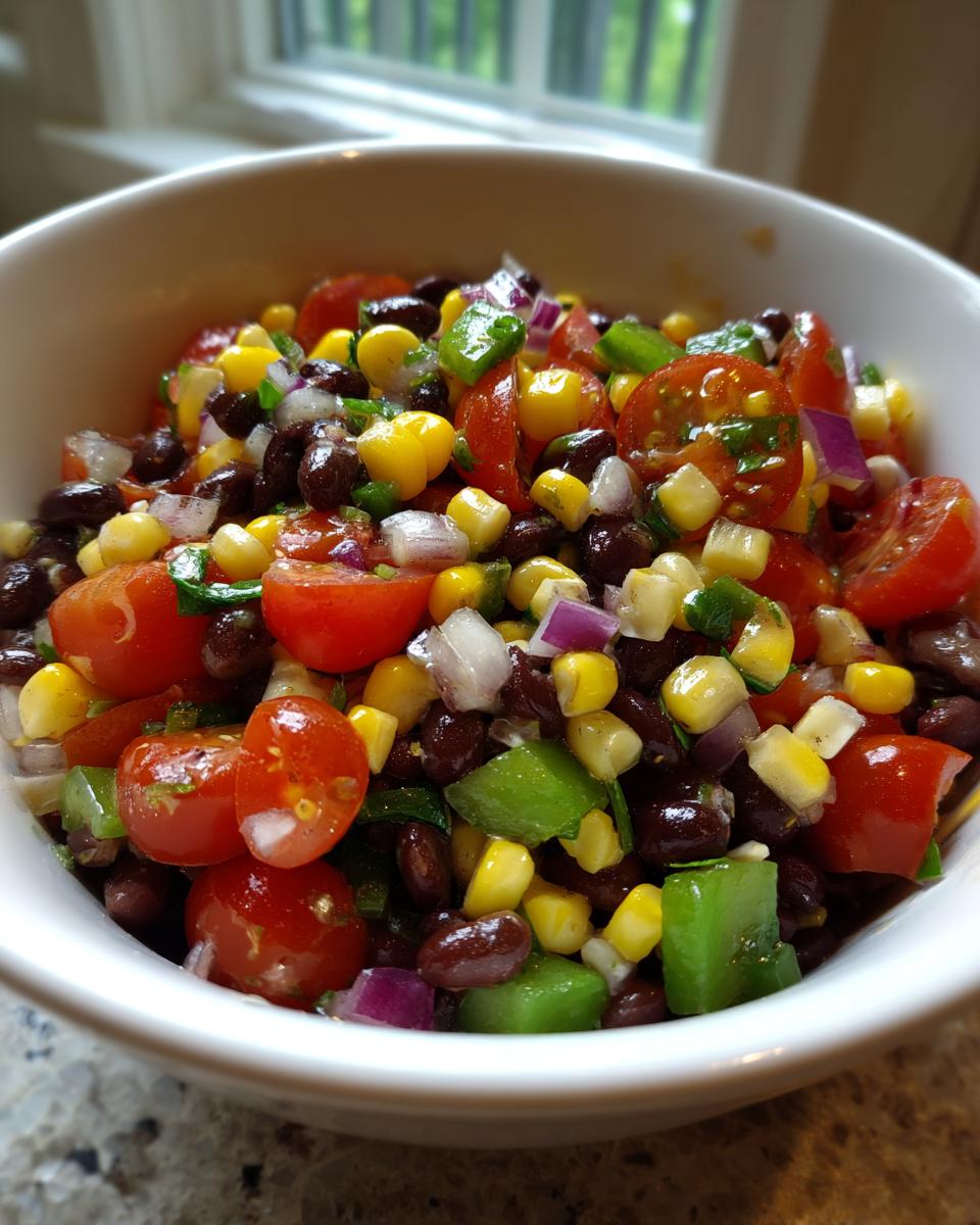 Close-up of fresh cowboy caviar dip featuring black beans, corn, tomatoes, and onions in a white bowl.