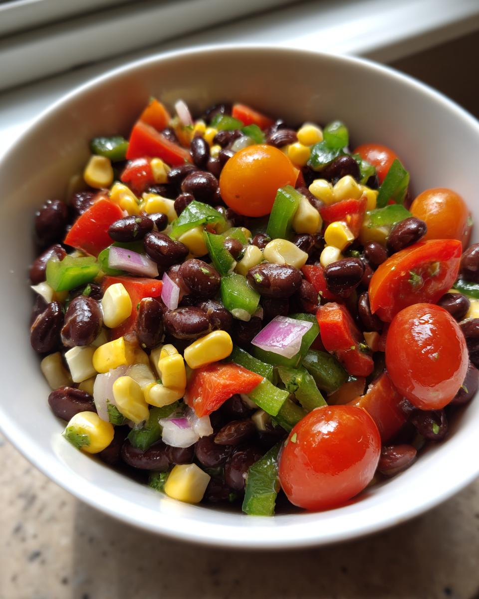 Close-up of vibrant cowboy caviar dip featuring black beans, corn, tomatoes, and peppers in a white bowl.