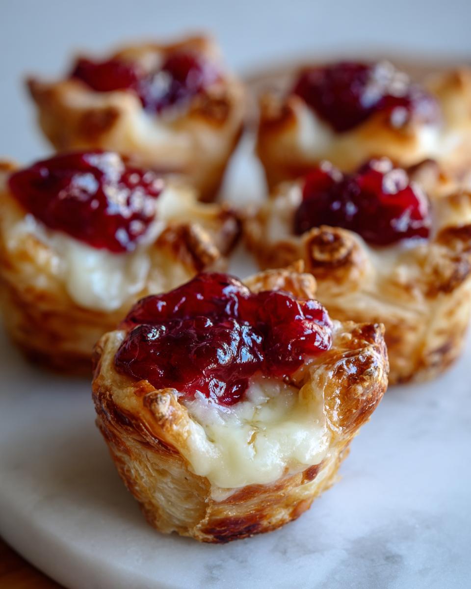 Close-up of baked cranberry brie bites showing flaky pastry, melted brie cheese, and bright red cranberry topping.
