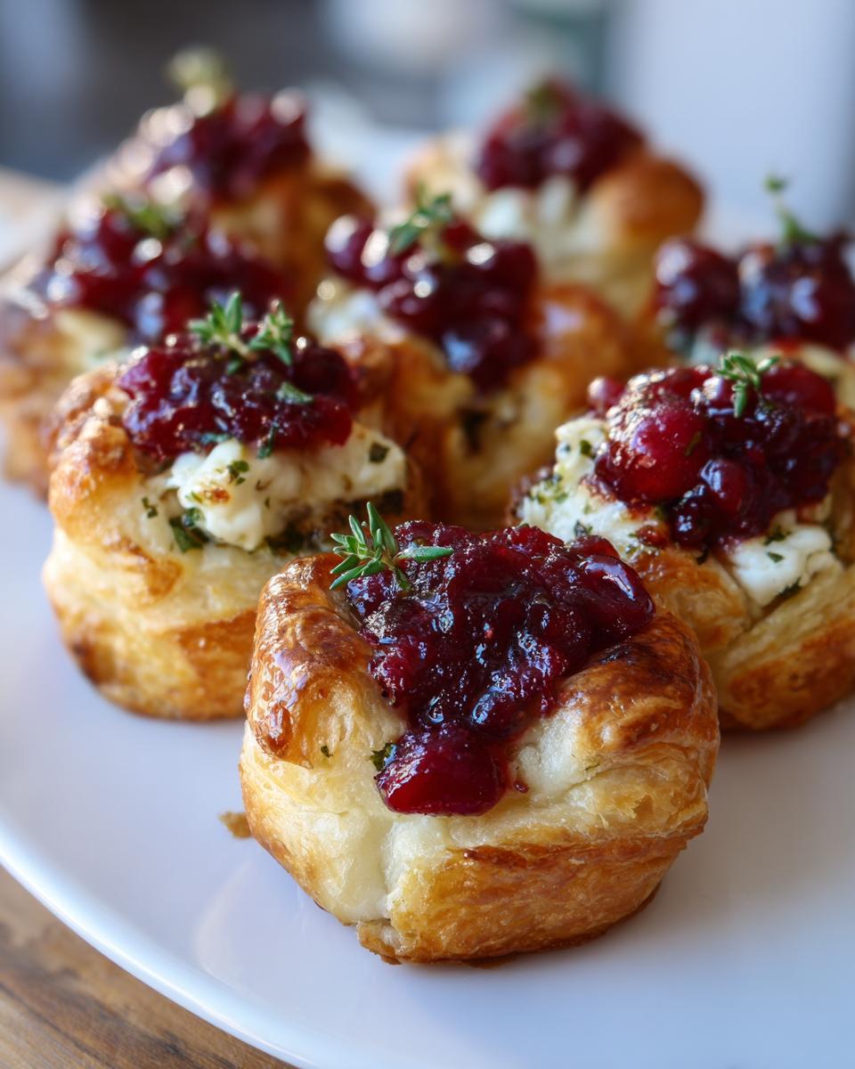 Close-up of baked cranberry brie bites made with flaky pastry, topped with cranberry sauce and thyme.