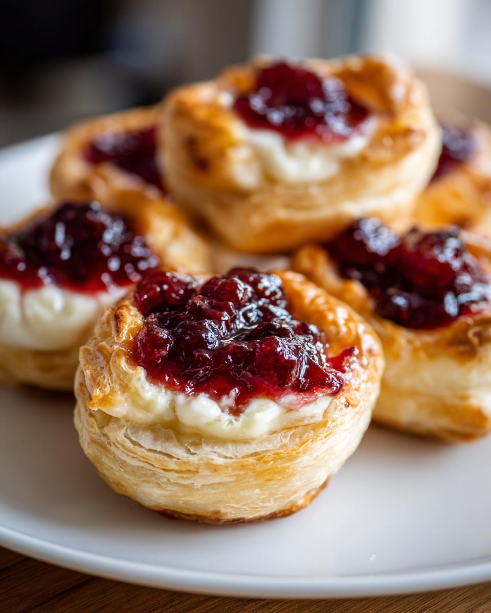 Close-up of golden puff pastry cranberry brie bites topped with rich cranberry jam.