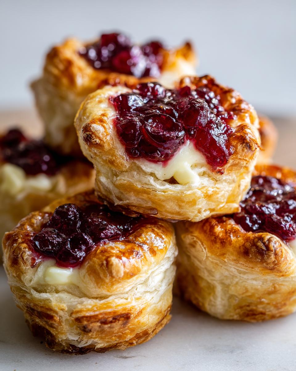 A stack of flaky puff pastry cranberry brie bites topped with rich, dark cranberry sauce.